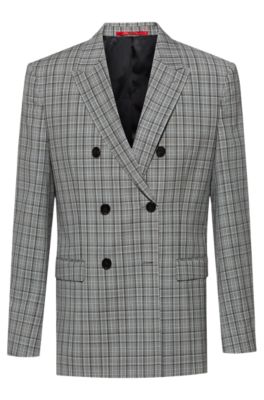 Slim-fit double-breasted jacket in Glen-check virgin wool, Silver