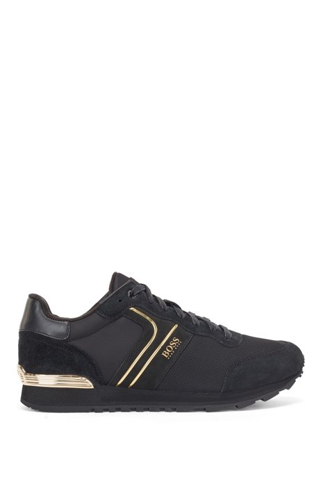 Running-style sneakers with suede and mesh, Black