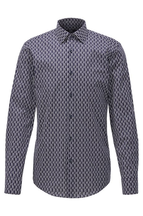Slim-fit shirt with two-tone monogram print, Dark Blue