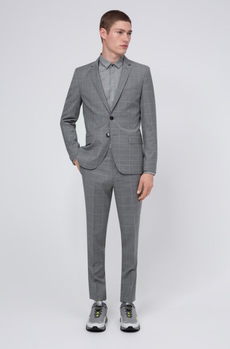 Extra-slim-fit virgin-wool suit with d&eacute;grad&eacute; check, Light Grey