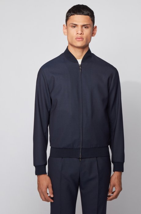 Slim-fit blouson-style jacket in virgin wool, Dark Blue