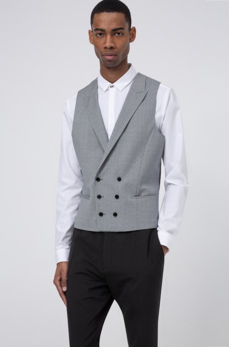Extra-slim-fit double-breasted waistcoat in patterned wool, Light Grey