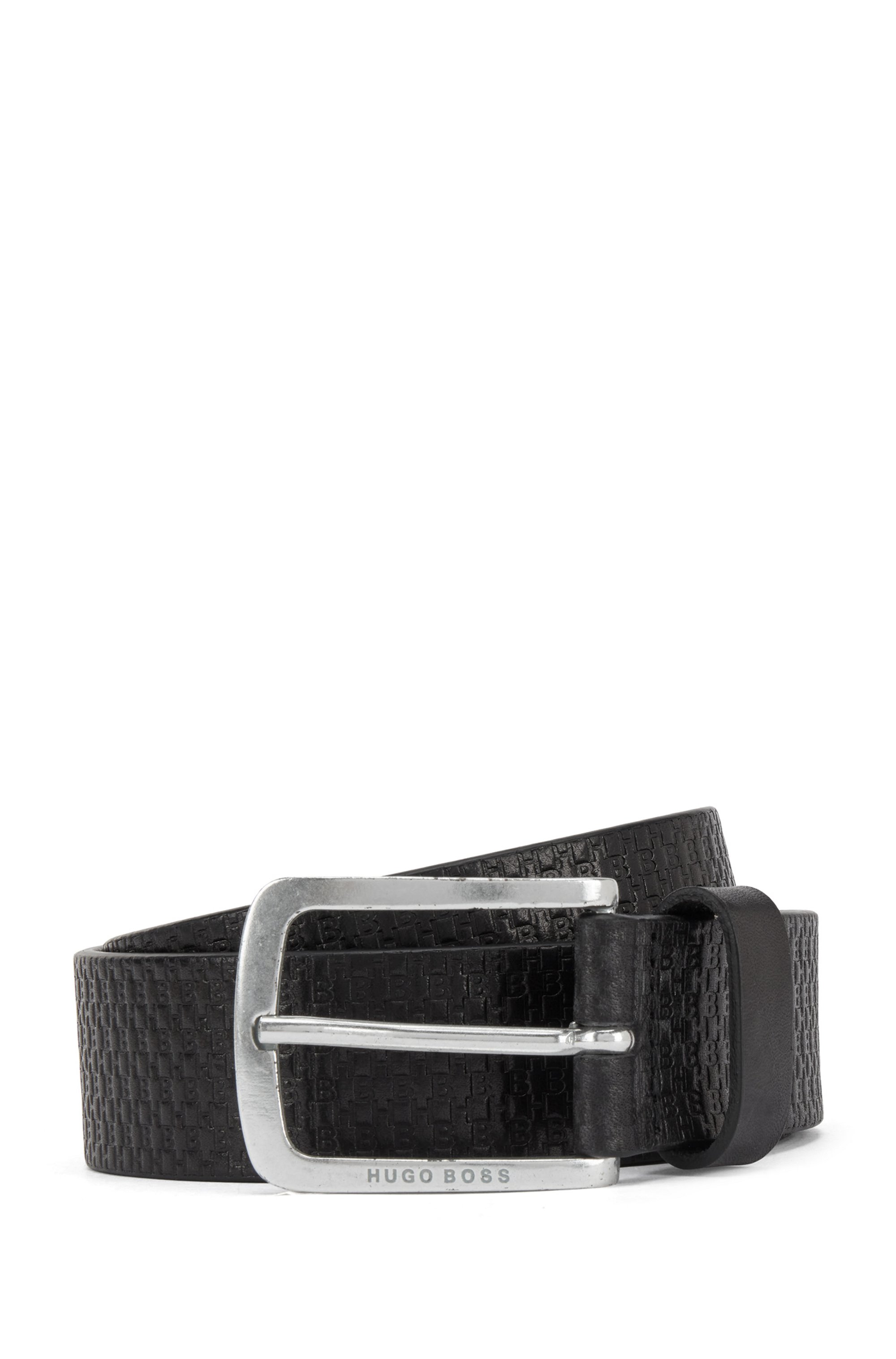 Italian-leather belt with embossed monograms, Black