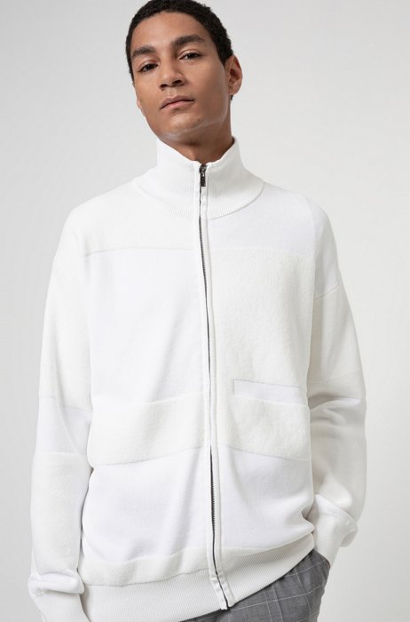 Oversized-fit knitted jacket in mixed structures, White