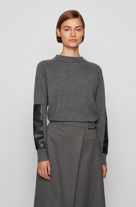 Wool-blend sweater with faux-leather sleeve patches, Grey