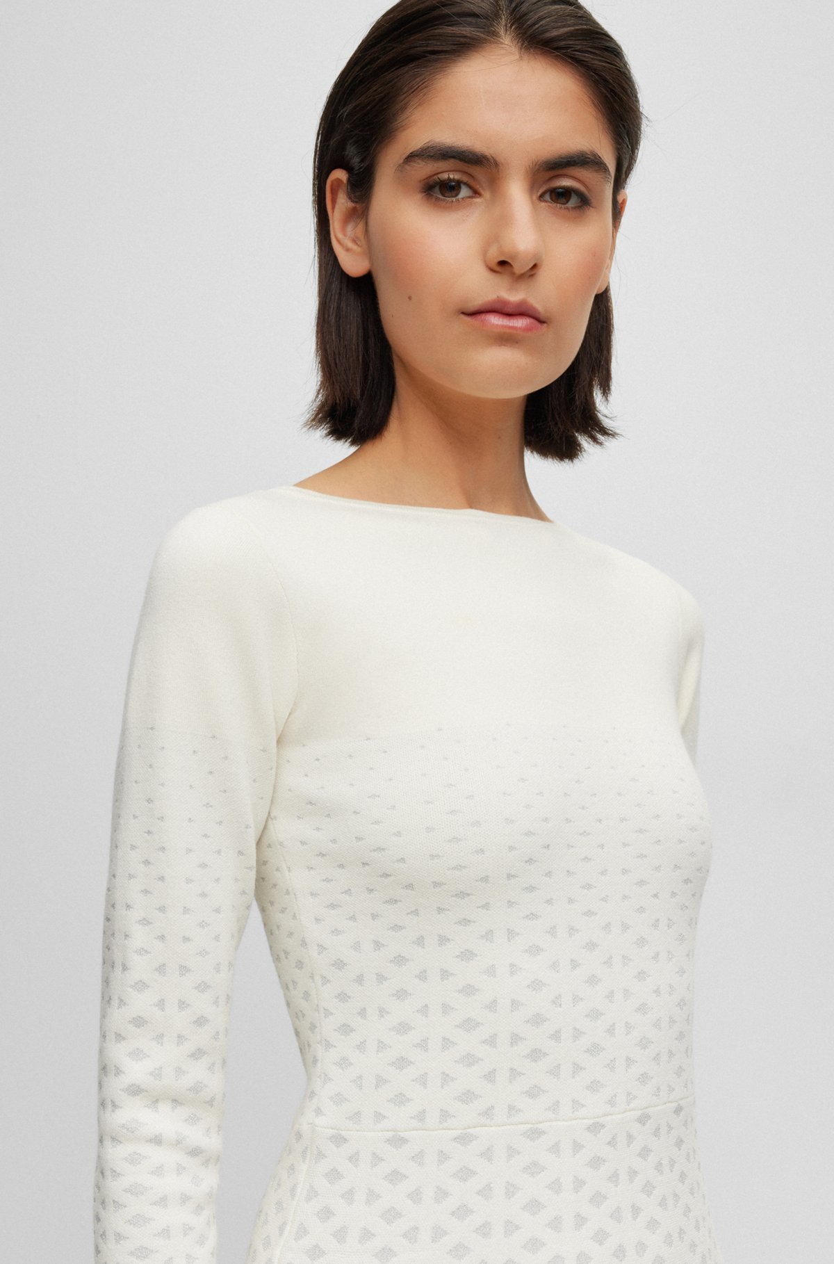 Long-sleeved dress in degradé knitted jacquard, White