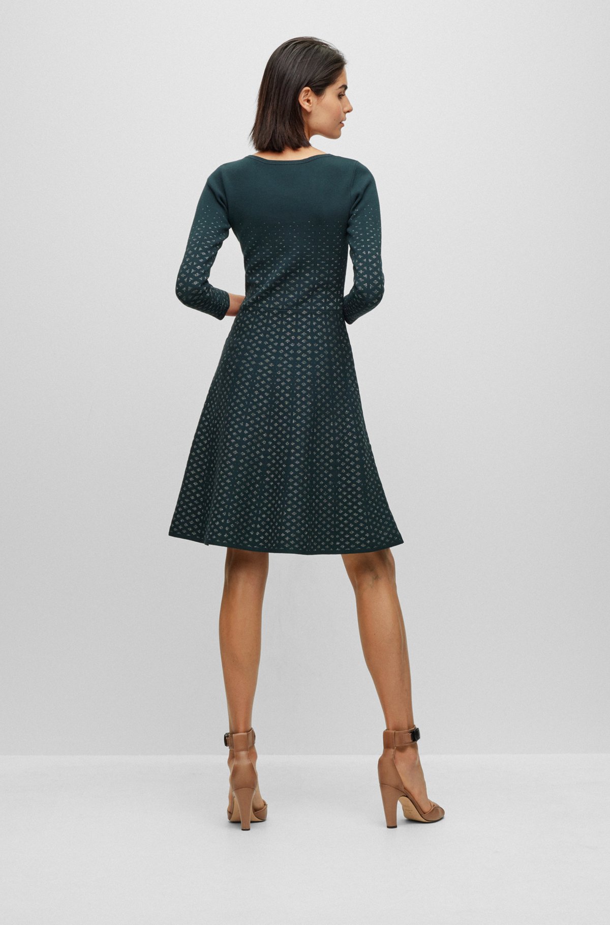 Long-sleeved dress in degradé knitted jacquard, Dark Green