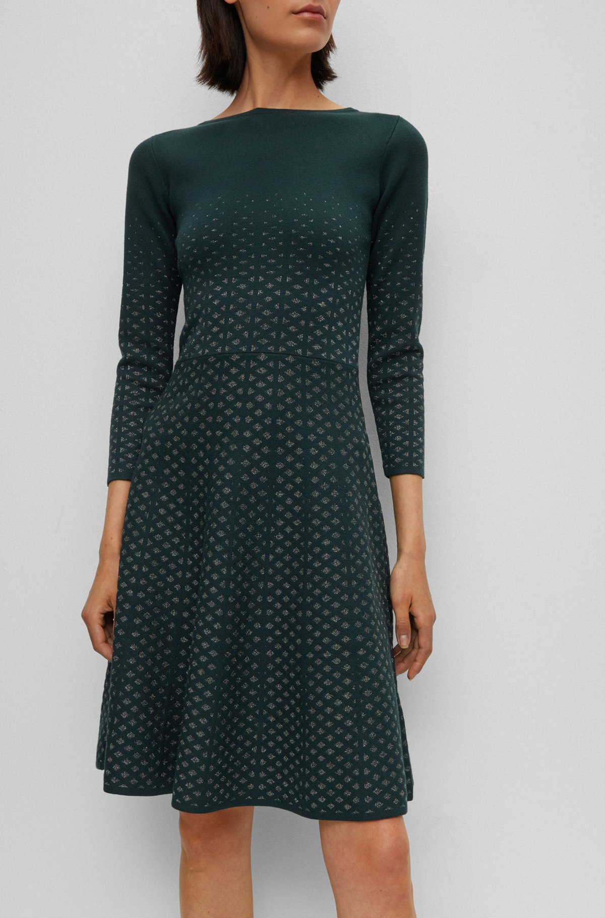 Long-sleeved dress in degradé knitted jacquard, Dark Green