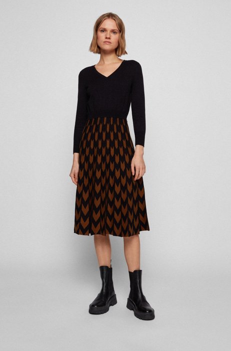 V-neck knitted dress with chevron-jacquard skirt, Patterned