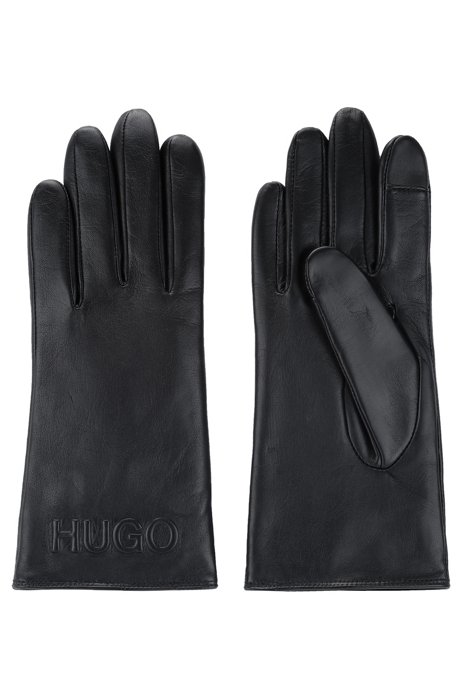 Nappa-leather gloves with reverse logo, Black