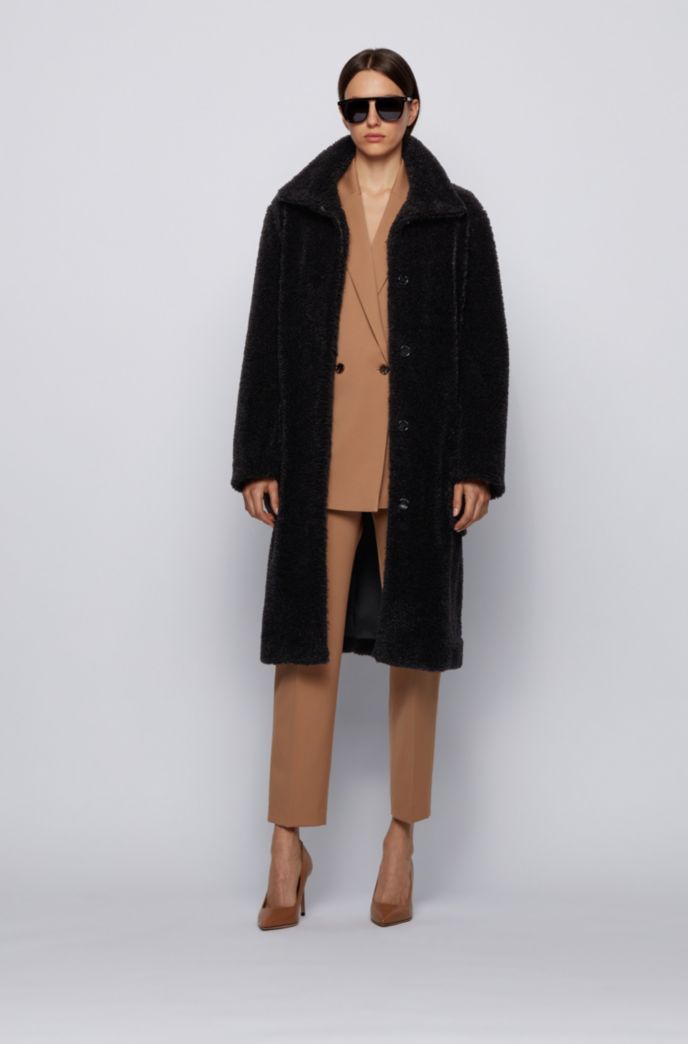 Boss Langer Relaxed Fit Teddy Mantel Mit Stehkragen