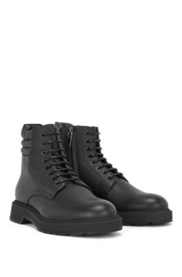 BOSS - Italian-made boots in grained leather with monogram collar
