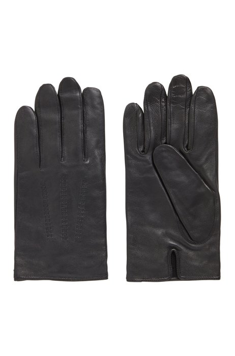 Lamb-leather gloves with piping and hardware badge, Black