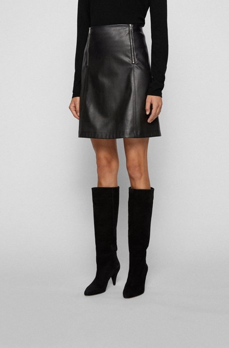 A-line skirt in faux leather with zip detailing, Black