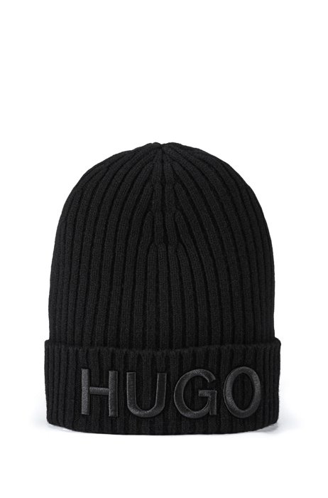 Unisex wool beanie hat with logo embroidery, Black