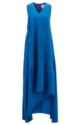 Long-length sleeveless dress in silk with waterfall front, Blue