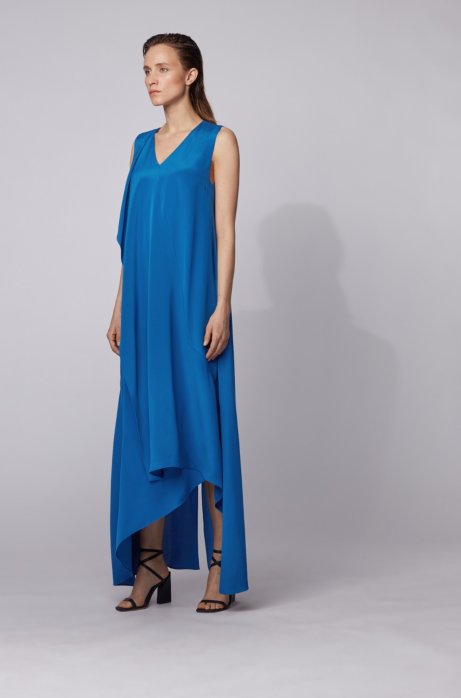Long-length sleeveless dress in silk with waterfall front, Blue