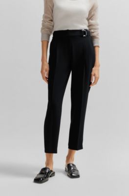 Belted regular-fit trousers in Japanese crepe, Black