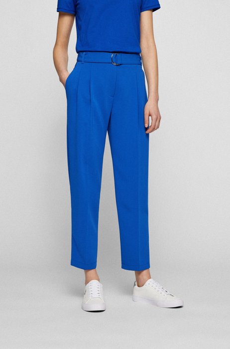 Pantalon Regular Fit en crêpe avec taille haute froncée, Bleu