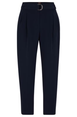 Belted regular-fit trousers in Japanese crepe, Dark Blue