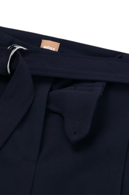 Belted regular-fit trousers in Japanese crepe, Dark Blue