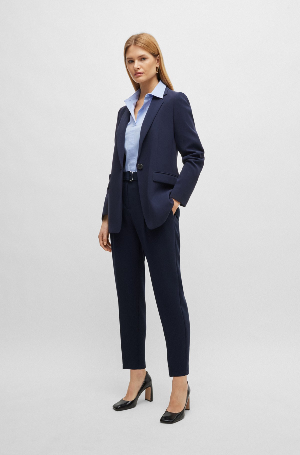 Belted regular-fit trousers in Japanese crepe, Dark Blue