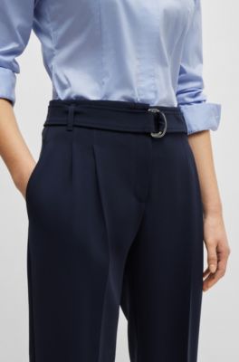 Belted regular-fit trousers in Japanese crepe, Dark Blue