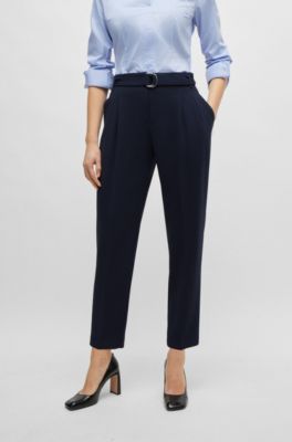 Belted regular-fit trousers in Japanese crepe, Dark Blue