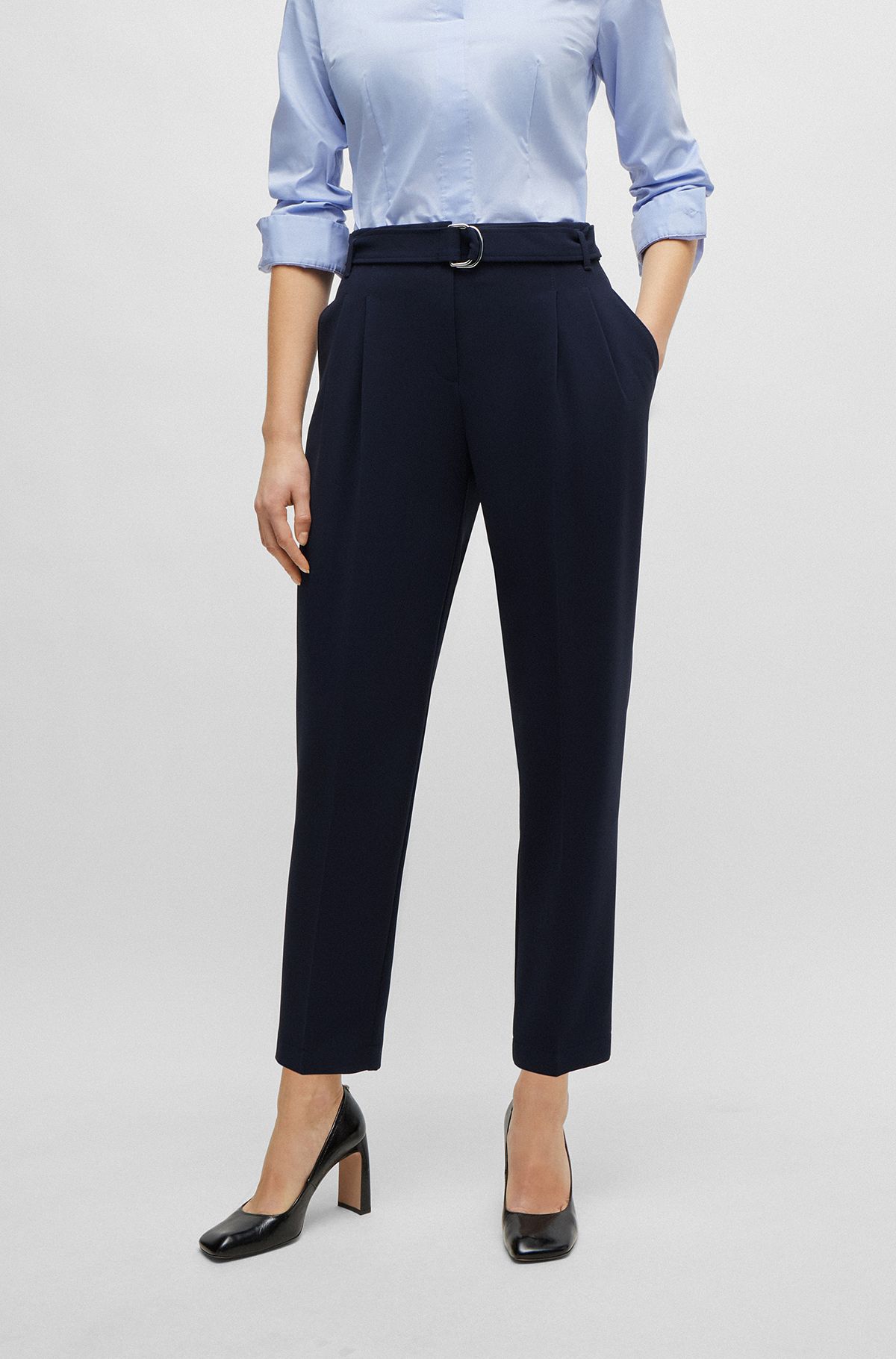 Pantaloni regular fit in crêpe giapponese con cintura, Blu scuro