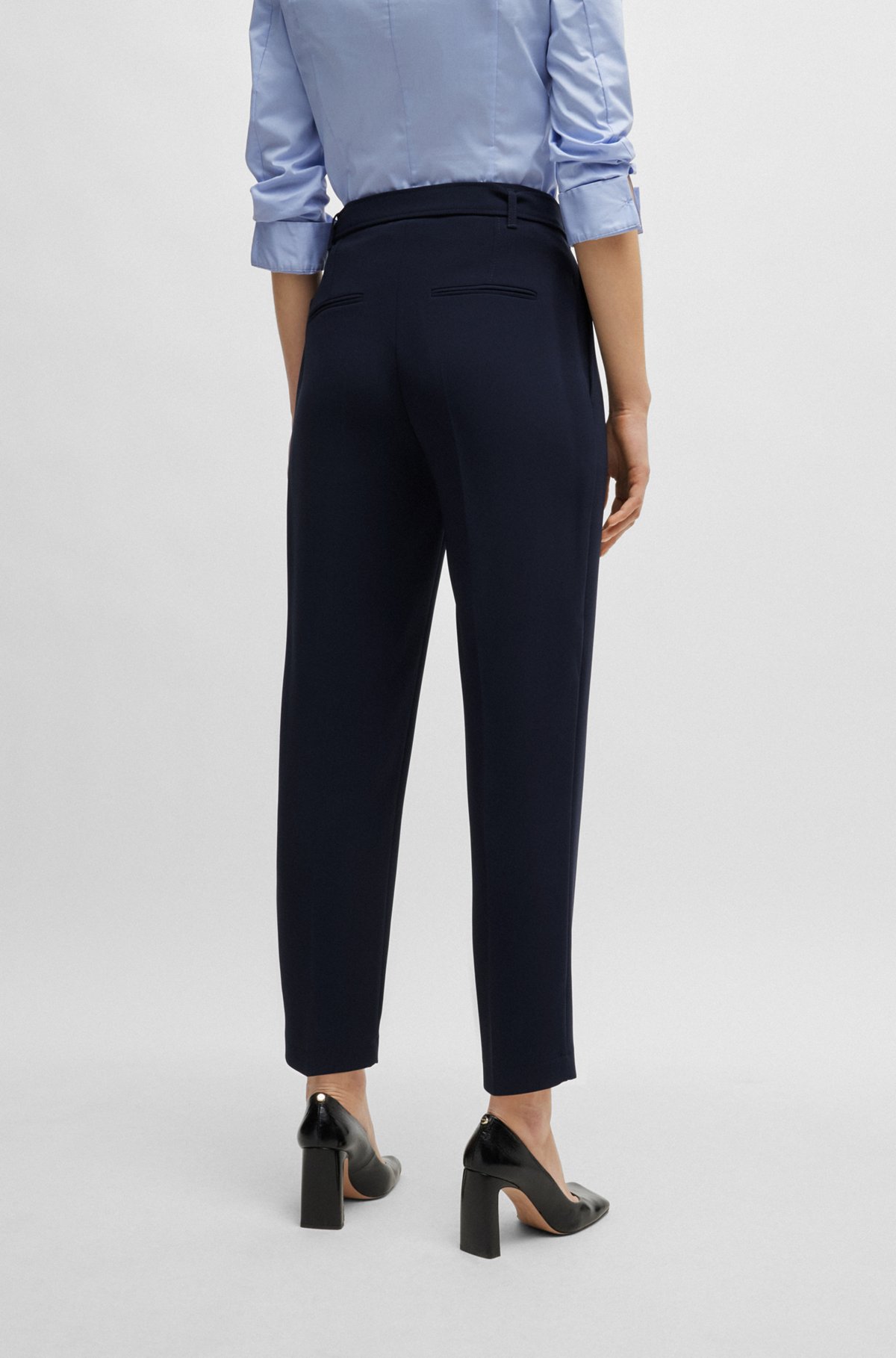 Belted regular-fit trousers in Japanese crepe, Dark Blue