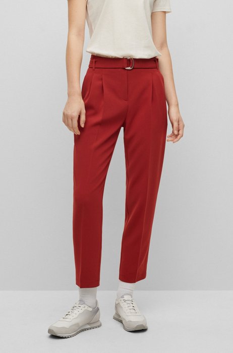 Pantalon Regular Fit en crêpe avec taille haute froncée, Rouge