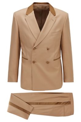Double-breasted relaxed-fit tuxedo suit in Italian silk, Light Brown