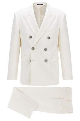 Double-breasted relaxed-fit suit in structured virgin wool, White