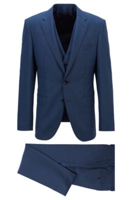 Three-piece slim-fit suit in virgin wool, Dark Blue