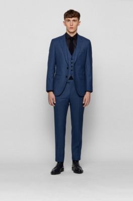 Three-piece slim-fit suit in virgin wool, Dark Blue
