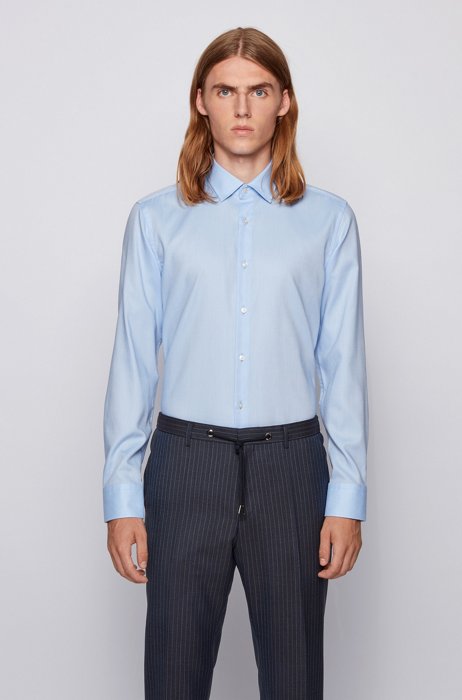 Slim-fit shirt in easy-iron micro-structured cotton, Light Blue