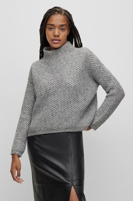 Relaxed-fit structured sweater with funnel neck, Grey