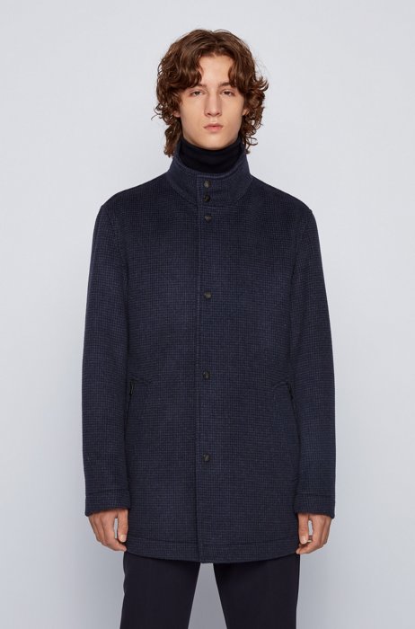Funnel-neck coat in a houndstooth wool blend, Dark Blue