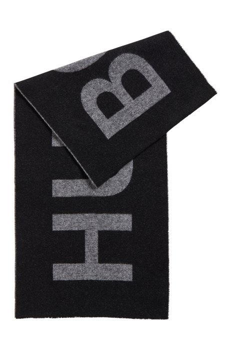 Italian-wool-blend scarf with statement logo, Black