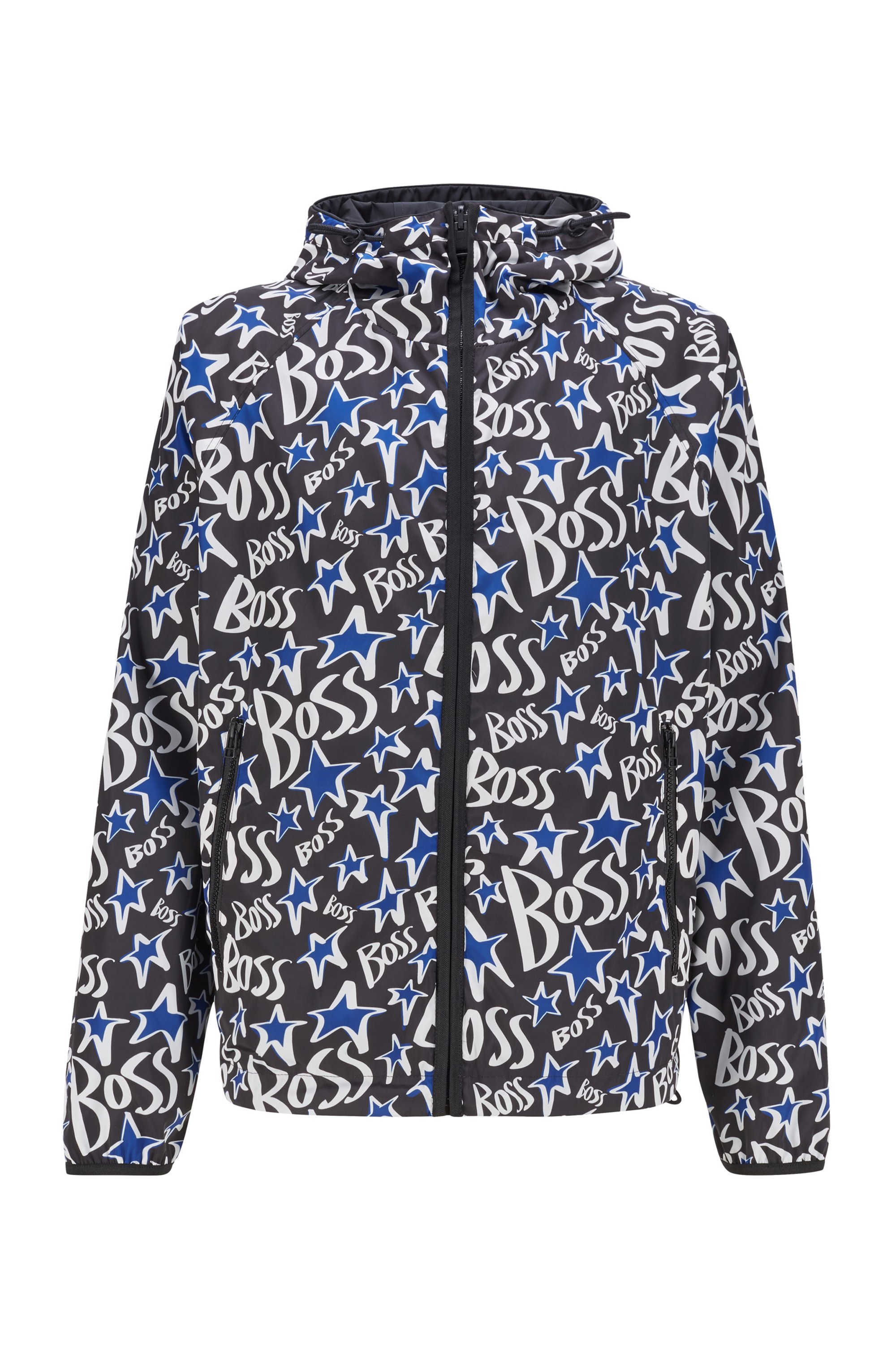Water-repellent reversible jacket with stars and logos, Black