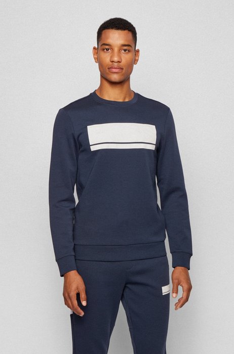 Slim-fit sweater van interlocked materiaal met bloklogo, Donkerblauw