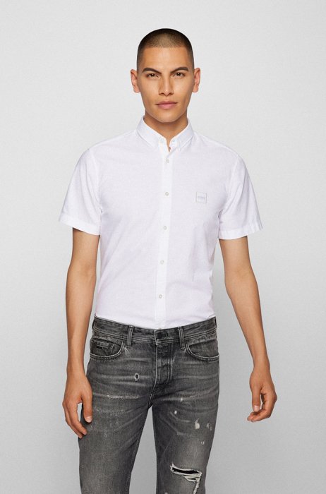 Logo-patch slim-fit shirt in peached cotton, White
