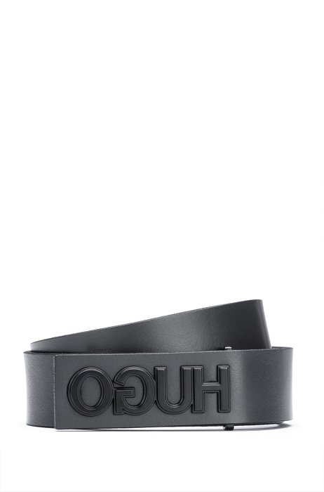 Smooth-leather belt with gunmetal-effect reversed logo, Dark Grey