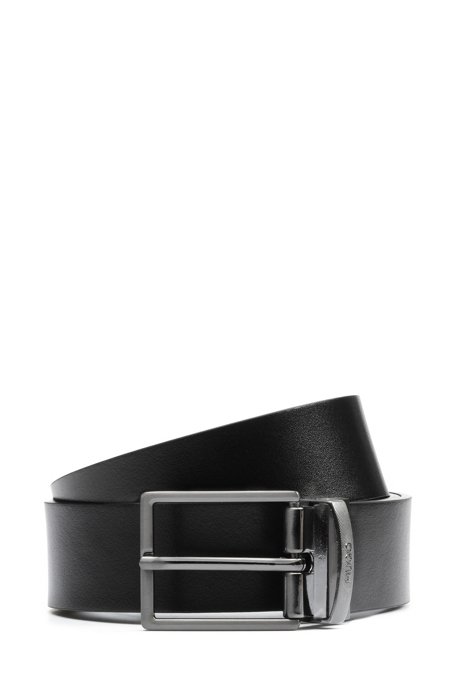 Reversible belt in leather with pin and plaque buckles, Black