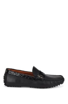 BOSS Driver Moccasins In Leather With Crocodile print Trim