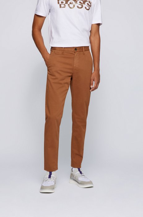 Tapered-fit chinos in brushed stretch-cotton satin, Brown
