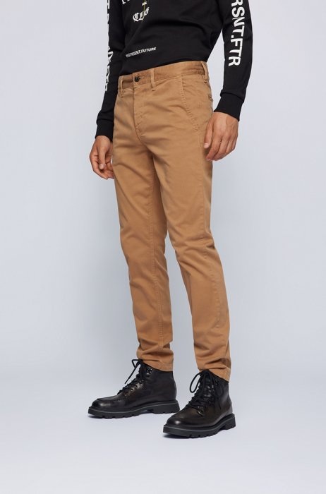 Tapered-fit chinos in brushed stretch-cotton satin, Beige