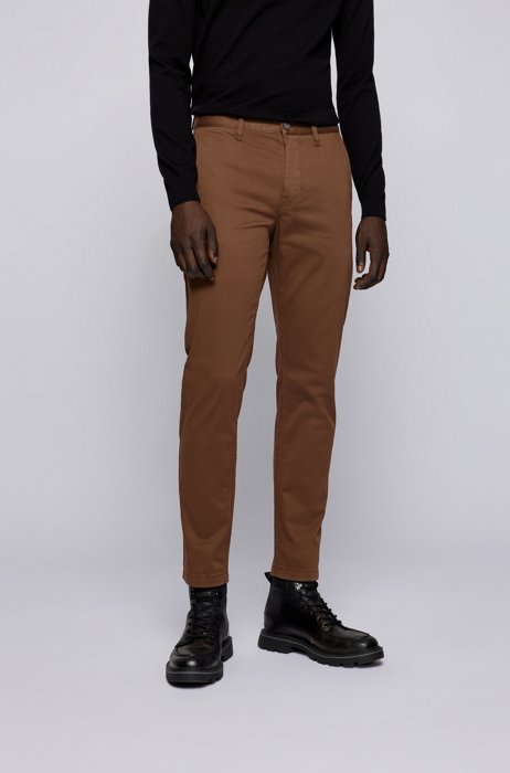 Tapered-fit chinos in brushed stretch-cotton satin, Khaki