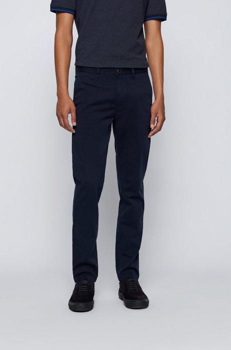 Tapered-fit chinos in brushed stretch-cotton satin, Dark Blue