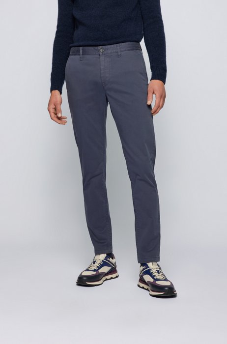 Tapered-fit chinos in brushed stretch-cotton satin, Blue